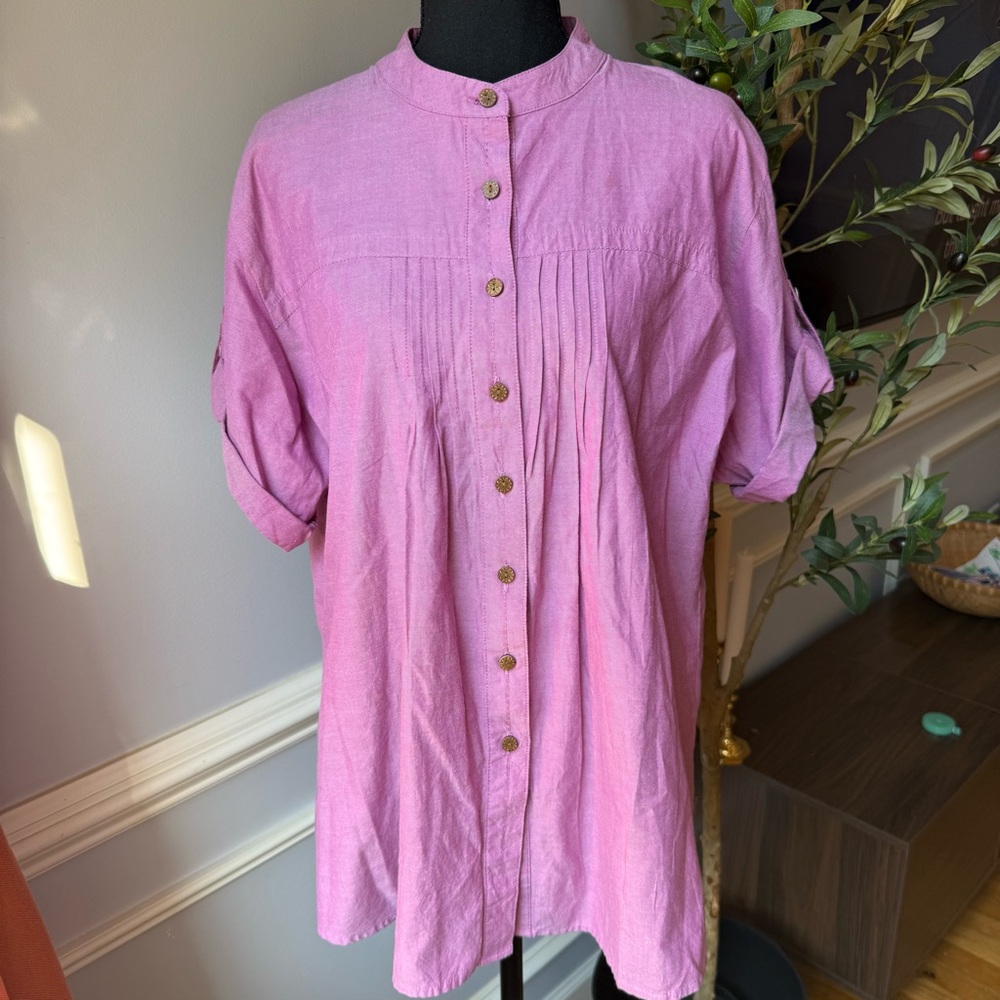 Woolrich‎ Purple Cotton Button Front Blouse Pleated Roll Tab Sleeve Womens XL